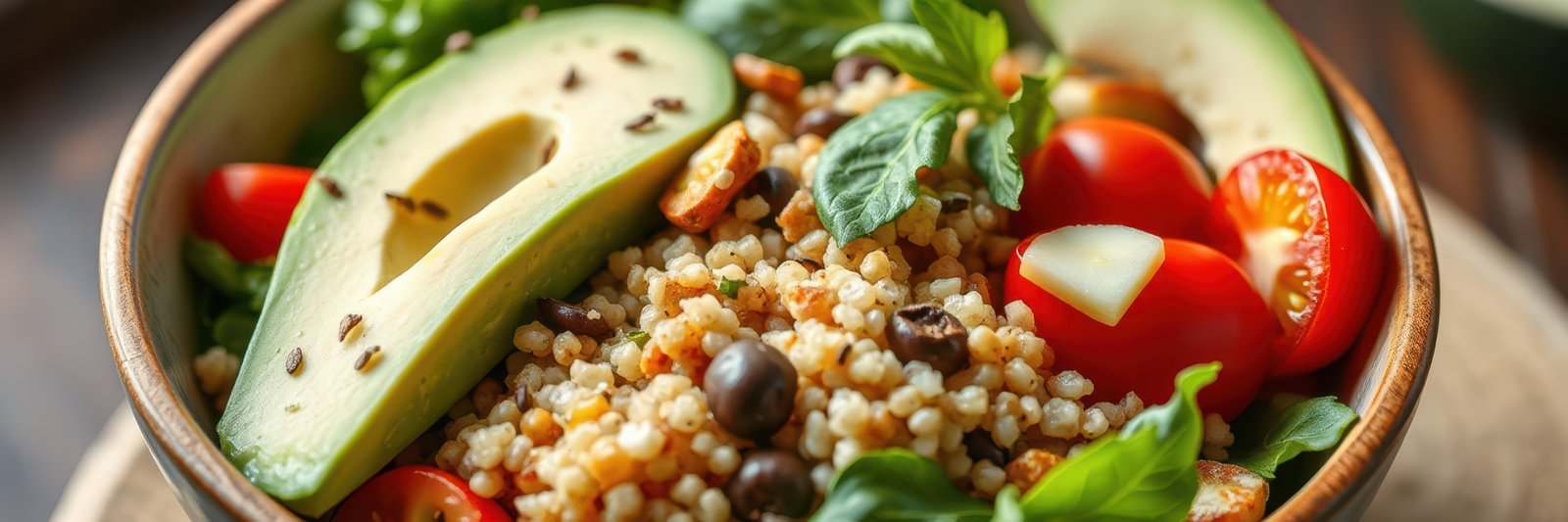 Healthy quinoa salad with fresh vegetables and avocado served in a bowl